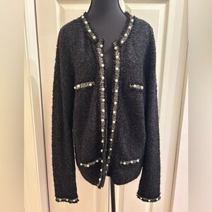 Love Token Black Cardigan with Pearl Accents